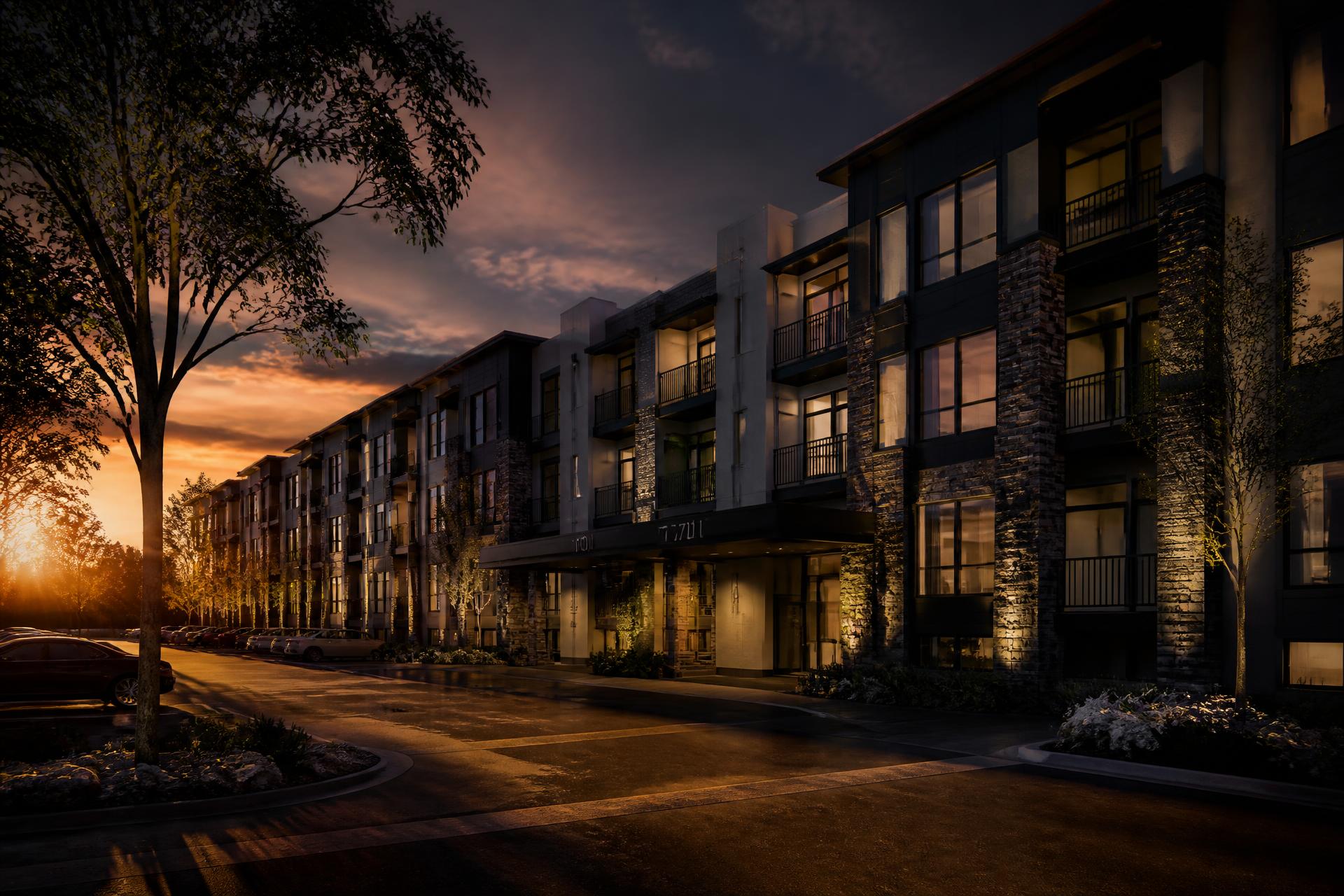 Modern multifamily complex in the United States at dusk